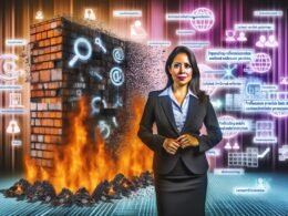 Digitales Kunstwerk: Business-Profi vor brennender Mauer mit 'Content-Hölle 2025', umgeben von schwebenden Buzzwords, verblassenden Whitepapers und futuristischen Datenströmen.