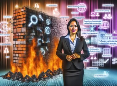 Digitales Kunstwerk: Business-Profi vor brennender Mauer mit 'Content-Hölle 2025', umgeben von schwebenden Buzzwords, verblassenden Whitepapers und futuristischen Datenströmen.