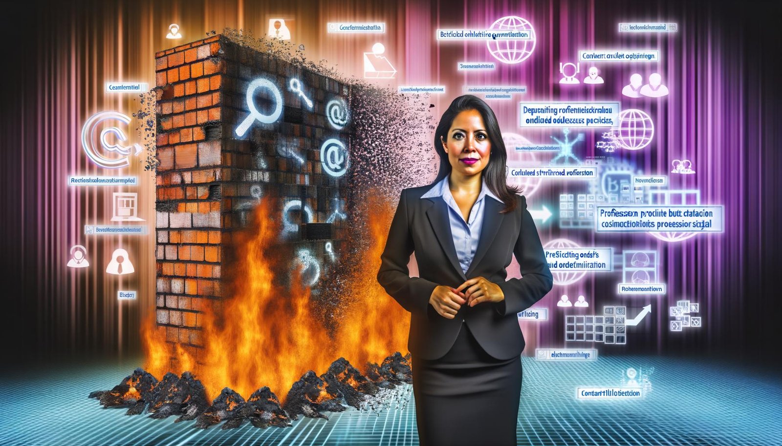 Digitales Kunstwerk: Business-Profi vor brennender Mauer mit 'Content-Hölle 2025', umgeben von schwebenden Buzzwords, verblassenden Whitepapers und futuristischen Datenströmen.