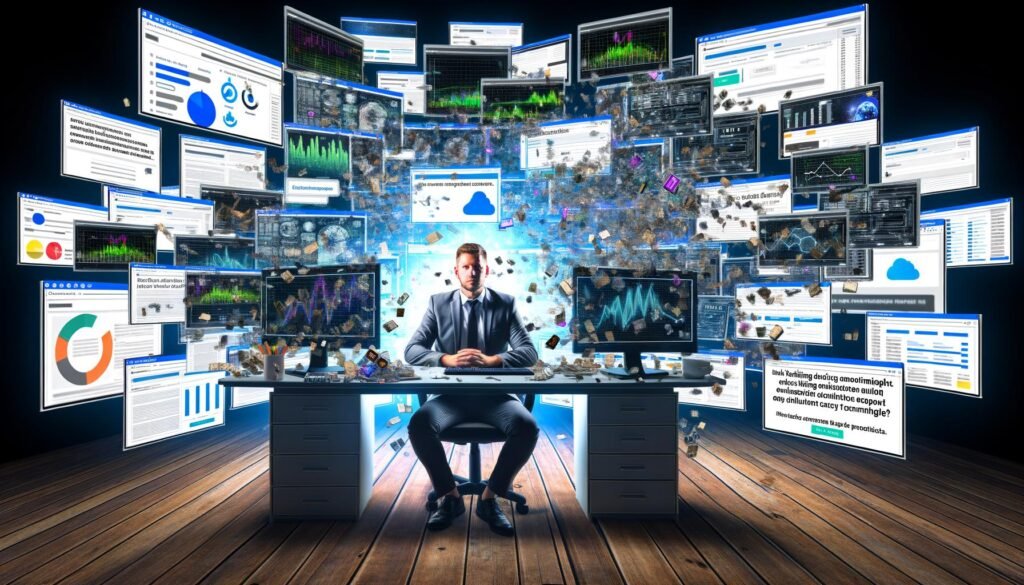 Marketer vor Monitoren mit Analyse-Dashboards, umgeben von einem chaotischen Wirbel aus Online-Werbung, Datenfragmenten und Cookie-Hinweisen in cyberpunkartiger Beleuchtung.