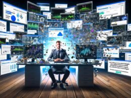 Marketer vor Monitoren mit Analyse-Dashboards, umgeben von einem chaotischen Wirbel aus Online-Werbung, Datenfragmenten und Cookie-Hinweisen in cyberpunkartiger Beleuchtung.