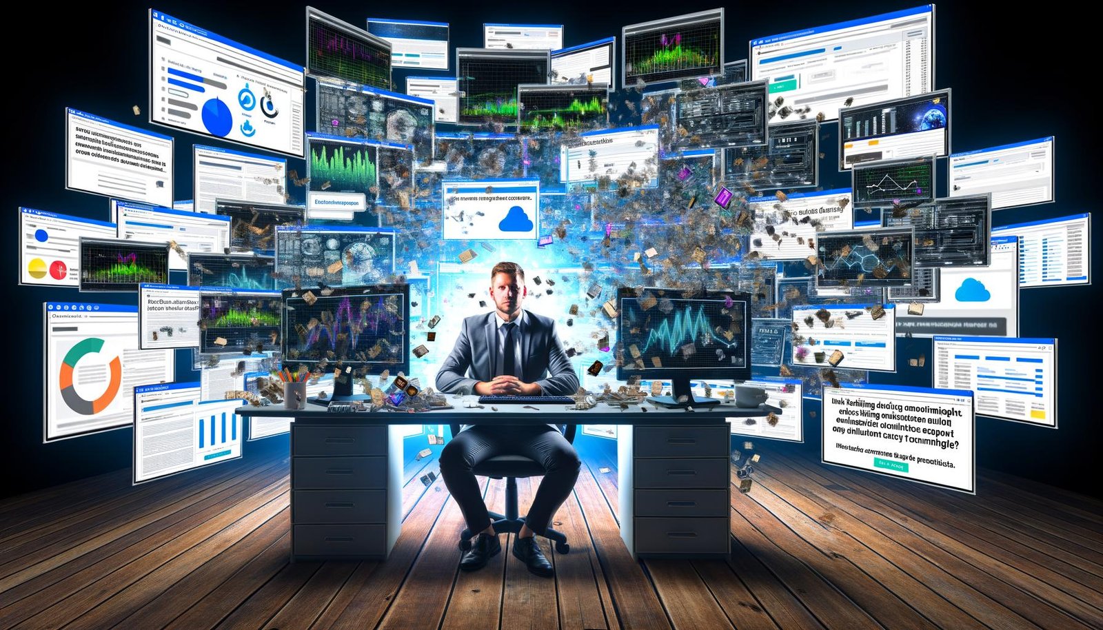 Marketer vor Monitoren mit Analyse-Dashboards, umgeben von einem chaotischen Wirbel aus Online-Werbung, Datenfragmenten und Cookie-Hinweisen in cyberpunkartiger Beleuchtung.
