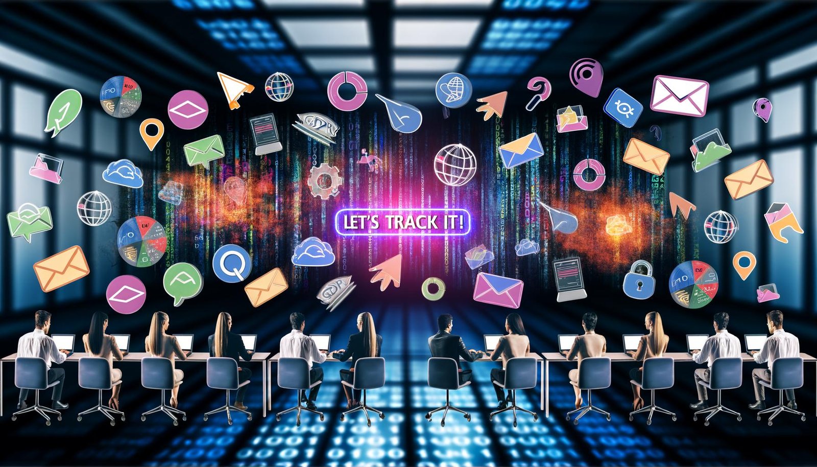 Marketer*innen arbeiten an Schreibtischen in einem kreativen Büro mit bunten Bannern, Analytics-Dashboards, digitalen Overlays und einem datenreichen Hintergrund.