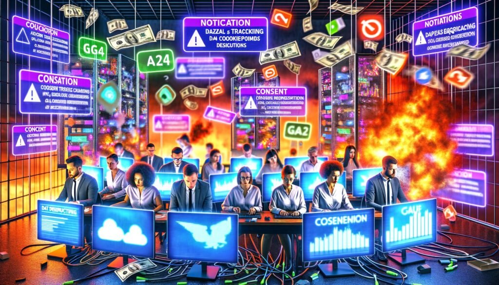 Gestresste Marketer im modernen Büro voller Analytics-Bildschirme, Adblocker-Meldungen, Consent-Banner, Datenschutzhinweise und Kabel, mit brennenden Euro-Scheinen und Daten-Schredder.