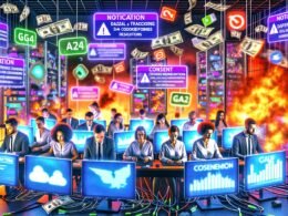 Gestresste Marketer im modernen Büro voller Analytics-Bildschirme, Adblocker-Meldungen, Consent-Banner, Datenschutzhinweise und Kabel, mit brennenden Euro-Scheinen und Daten-Schredder.