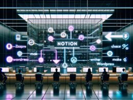 Modernes, futuristisches Redaktionsbüro mit zentralem Notion-Dashboard, holografischen Icons für Automations-Tools und einem Team, das an digitalen Projektionen arbeitet.