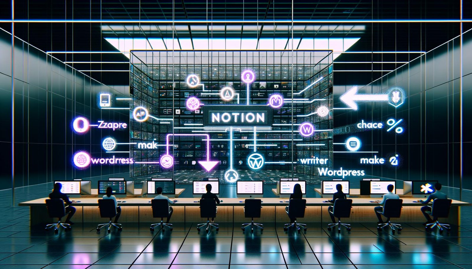 Modernes, futuristisches Redaktionsbüro mit zentralem Notion-Dashboard, holografischen Icons für Automations-Tools und einem Team, das an digitalen Projektionen arbeitet.