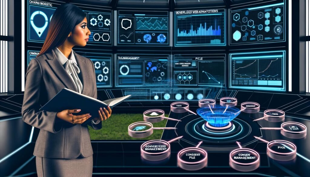 Futuristisches Kontrollzentrum mit großen Datenmonitoren, digitalem Workflow-Plan, Tracking-Icons und einer modernen Marketer-Person am Dashboard.