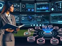 Futuristisches Kontrollzentrum mit großen Datenmonitoren, digitalem Workflow-Plan, Tracking-Icons und einer modernen Marketer-Person am Dashboard.
