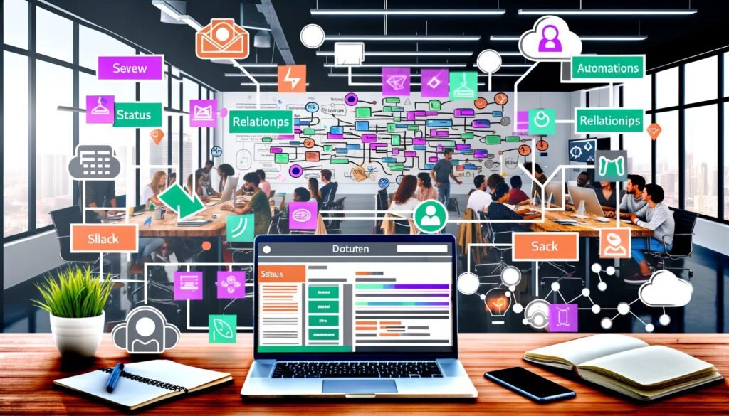 Lichtdurchflutetes, modernes Büro mit Team, zentralem Laptop und geöffneter Notion-Datenbank. Umgeben von digitalen Tools wie Make, Zapier, n8n, Slack und WordPress sowie Echtzeit-Content-Updates und farbigen Workflow-Diagrammen.