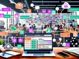 Lichtdurchflutetes, modernes Büro mit Team, zentralem Laptop und geöffneter Notion-Datenbank. Umgeben von digitalen Tools wie Make, Zapier, n8n, Slack und WordPress sowie Echtzeit-Content-Updates und farbigen Workflow-Diagrammen.