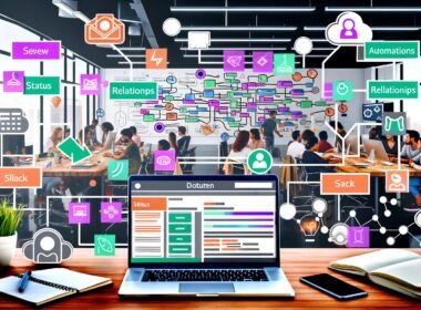 Lichtdurchflutetes, modernes Büro mit Team, zentralem Laptop und geöffneter Notion-Datenbank. Umgeben von digitalen Tools wie Make, Zapier, n8n, Slack und WordPress sowie Echtzeit-Content-Updates und farbigen Workflow-Diagrammen.