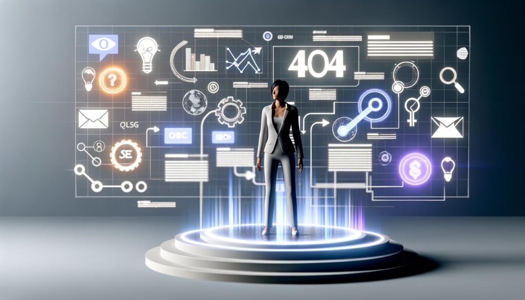 Editorial-Bild einer genderneutralen Führungskraft auf digitalem Podest, umgeben von dynamischen Daten, SEO-Icons und Content-Elementen im innovativen, modernen Farbschema.