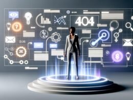 Editorial-Bild einer genderneutralen Führungskraft auf digitalem Podest, umgeben von dynamischen Daten, SEO-Icons und Content-Elementen im innovativen, modernen Farbschema.