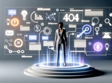 Editorial-Bild einer genderneutralen Führungskraft auf digitalem Podest, umgeben von dynamischen Daten, SEO-Icons und Content-Elementen im innovativen, modernen Farbschema.