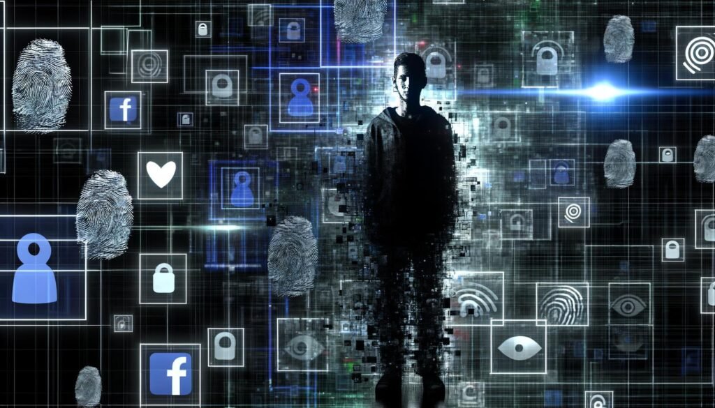 Düsteres digitales Porträt einer Person, umgeben von Datenströmen, Tracking-Pixeln, Fingerabdrücken und Schemen von Tech-Konzern-Logos wie Google und Facebook; symbolisiert Kontrollverlust und Überwachungsdruck.