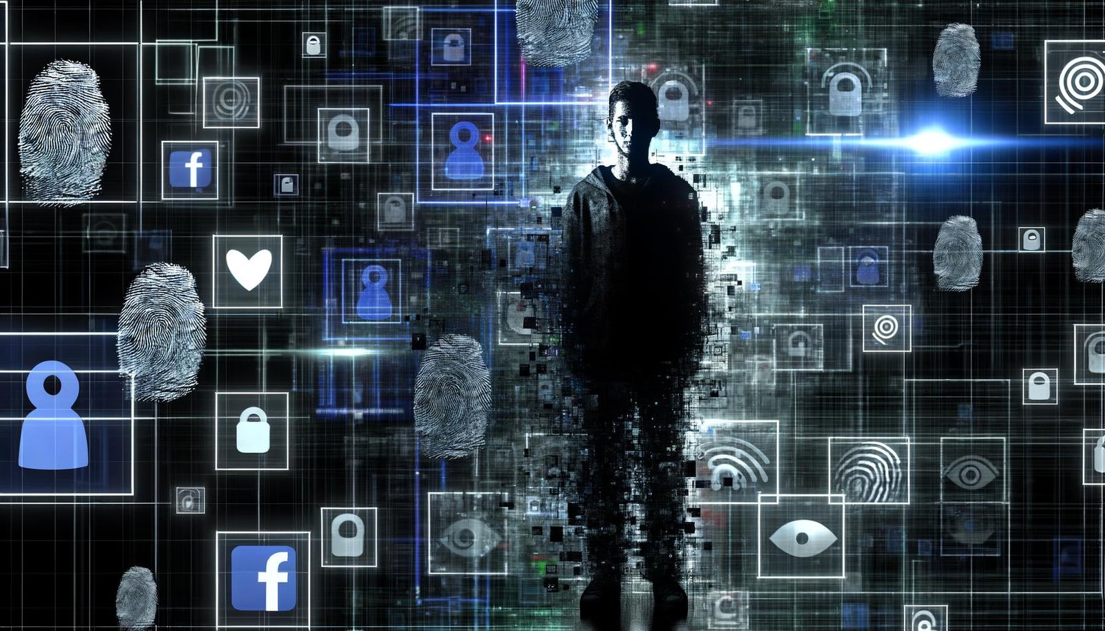 Düsteres digitales Porträt einer Person, umgeben von Datenströmen, Tracking-Pixeln, Fingerabdrücken und Schemen von Tech-Konzern-Logos wie Google und Facebook; symbolisiert Kontrollverlust und Überwachungsdruck.
