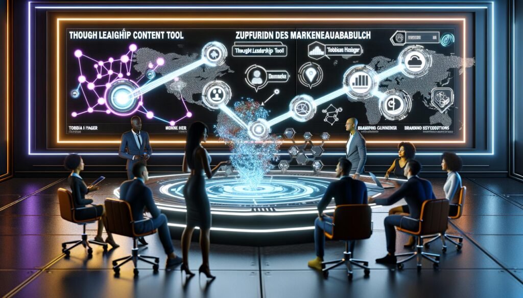 Futuristischer Workspace mit Team, das an holografischer Benutzeroberfläche mit vernetzten Grafiken, KI-Vorschlägen und Markenmetriken arbeitet, digitale Lichtmuster heben Automatisierung hervor.