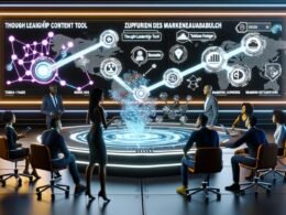 Futuristischer Workspace mit Team, das an holografischer Benutzeroberfläche mit vernetzten Grafiken, KI-Vorschlägen und Markenmetriken arbeitet, digitale Lichtmuster heben Automatisierung hervor.