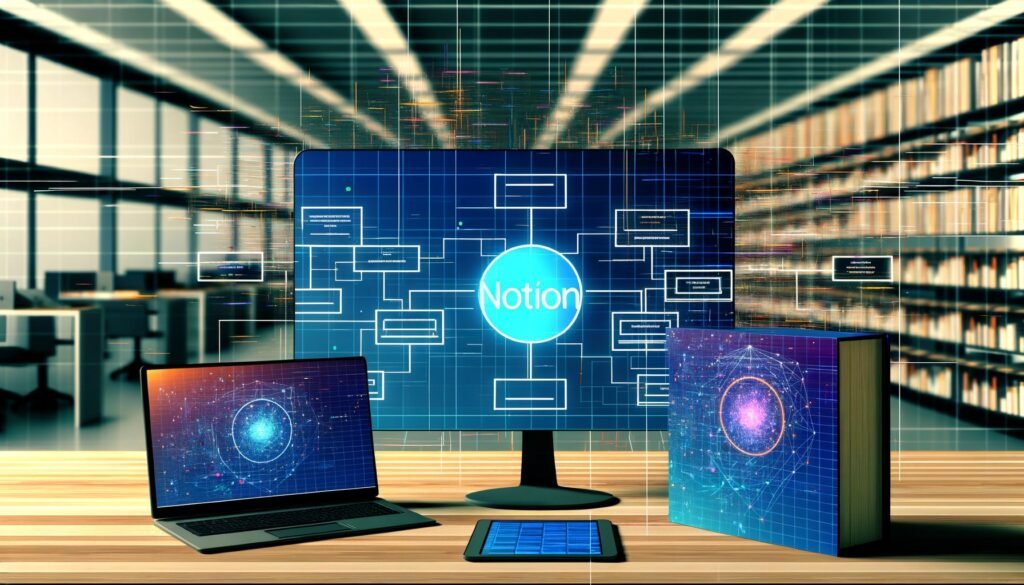 Stilisierte moderne Arbeitsumgebung mit holografischen Datenströmen, Desktop-PC und Tablet mit Notion-Bedienoberflächen, verbunden mit einem leuchtenden GraphQL-Logo.