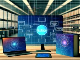 Stilisierte moderne Arbeitsumgebung mit holografischen Datenströmen, Desktop-PC und Tablet mit Notion-Bedienoberflächen, verbunden mit einem leuchtenden GraphQL-Logo.