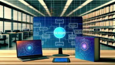 Stilisierte moderne Arbeitsumgebung mit holografischen Datenströmen, Desktop-PC und Tablet mit Notion-Bedienoberflächen, verbunden mit einem leuchtenden GraphQL-Logo.