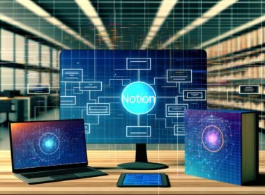 Stilisierte moderne Arbeitsumgebung mit holografischen Datenströmen, Desktop-PC und Tablet mit Notion-Bedienoberflächen, verbunden mit einem leuchtenden GraphQL-Logo.