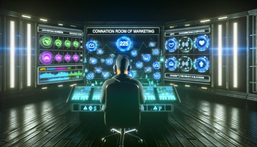 Marketing-Profi mit Headset in einem futuristischen Kontrollraum voller Dashboards, Datenströmen, Consent-Bannern und API-Logos.