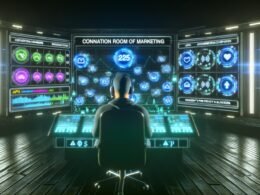 Marketing-Profi mit Headset in einem futuristischen Kontrollraum voller Dashboards, Datenströmen, Consent-Bannern und API-Logos.