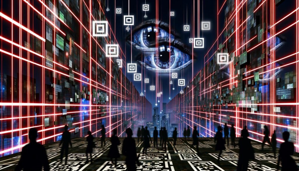 Düstere, futuristische Stadtlandschaft bei Nacht mit digitalen Datenströmen, überwacht von Kameras, Bildschirmen mit Augen und QR-Codes, und einem Netz aus roten Lasern, das eine Atmosphäre der Kontrolle und Überwachung erzeugt.