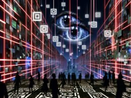 Düstere, futuristische Stadtlandschaft bei Nacht mit digitalen Datenströmen, überwacht von Kameras, Bildschirmen mit Augen und QR-Codes, und einem Netz aus roten Lasern, das eine Atmosphäre der Kontrolle und Überwachung erzeugt.