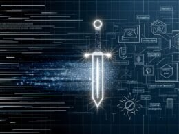 Minimalistische Illustration eines digital leuchtenden Schwerts mit Datenströmen und Marken- sowie LinkedIn-Symbolen als Symbol für Thought Leadership Content.