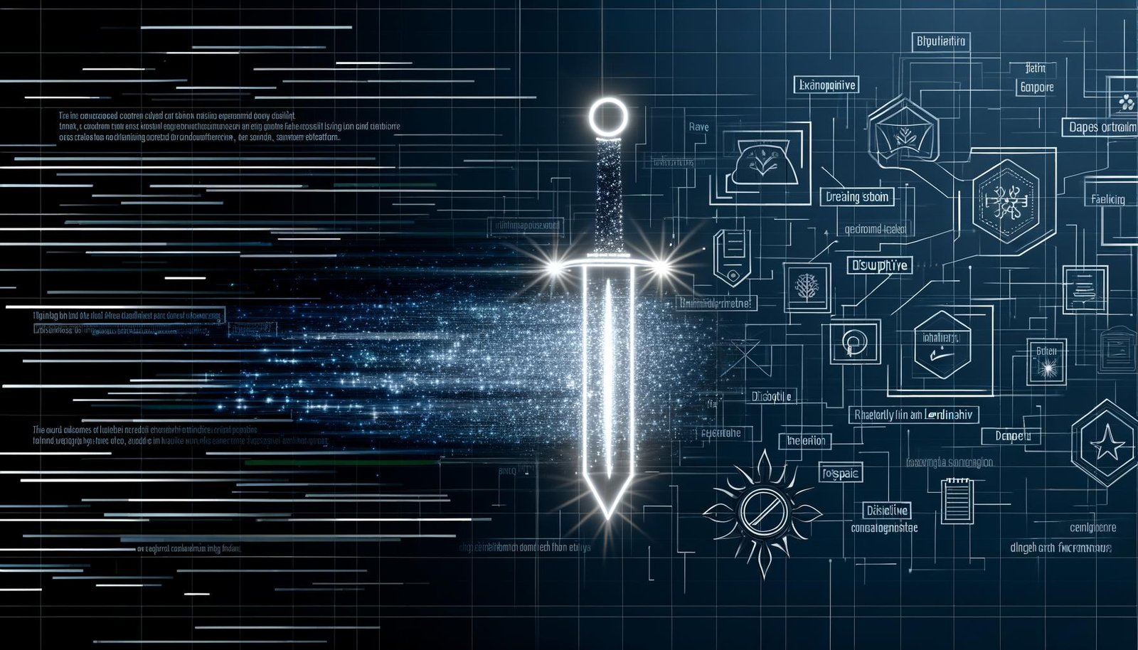 Minimalistische Illustration eines digital leuchtenden Schwerts mit Datenströmen und Marken- sowie LinkedIn-Symbolen als Symbol für Thought Leadership Content.