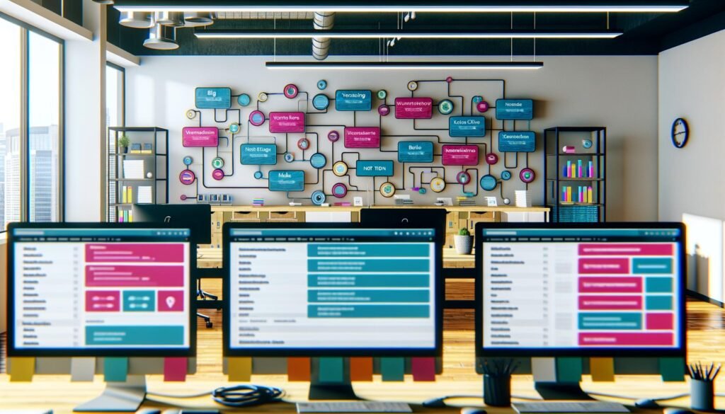 Moderner Arbeitsplatz mit mehreren Bildschirmen, die komplexe Notion-Datenbanken, Content-Workflows und Automatisierungs-Icons anzeigen, während ein Team im Hintergrund zusammenarbeitet.