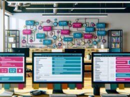 Moderner Arbeitsplatz mit mehreren Bildschirmen, die komplexe Notion-Datenbanken, Content-Workflows und Automatisierungs-Icons anzeigen, während ein Team im Hintergrund zusammenarbeitet.