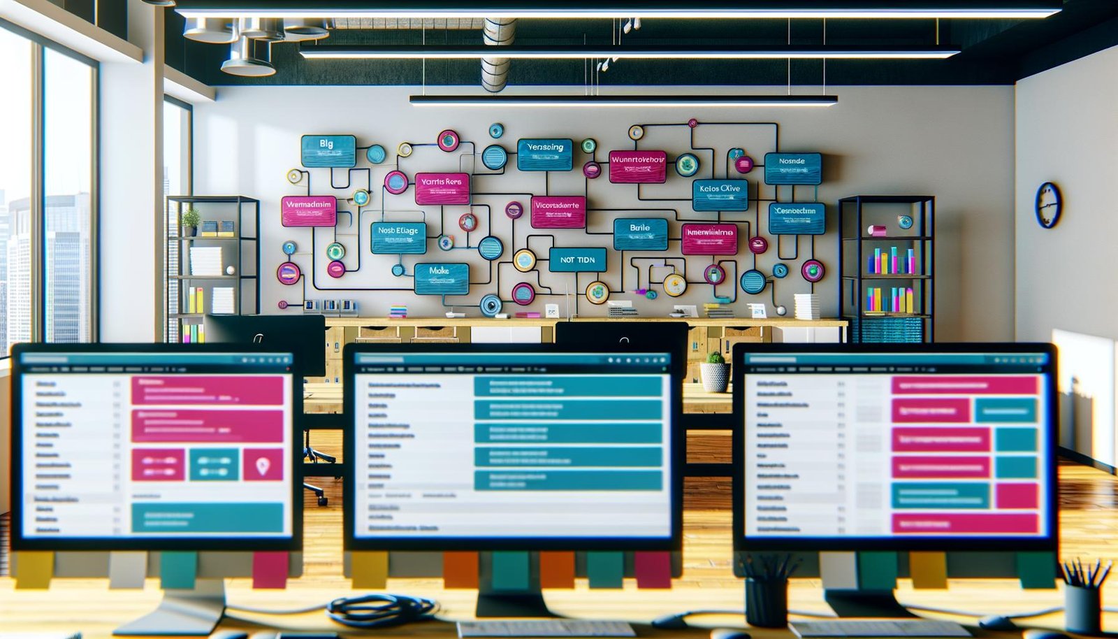 Moderner Arbeitsplatz mit mehreren Bildschirmen, die komplexe Notion-Datenbanken, Content-Workflows und Automatisierungs-Icons anzeigen, während ein Team im Hintergrund zusammenarbeitet.