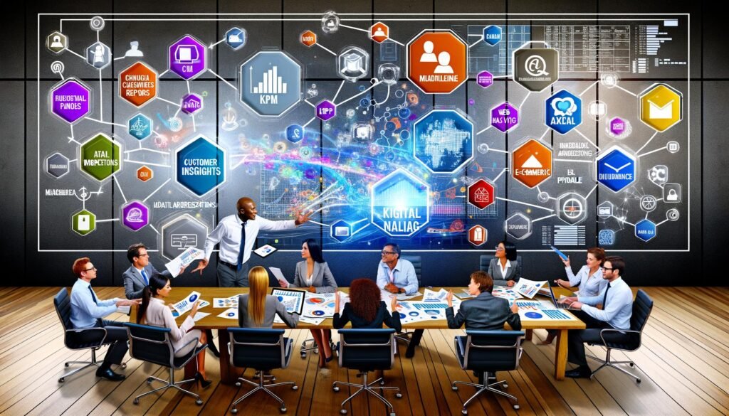 Dynamische Büroszene mit Data-Analysten und Marketern, die an großen Digital-Dashboards mit farbenfrohen Grafiken arbeiten. Im Hintergrund sind vernetzte Icons für CRM, E-Mail, Web-Analytics, E-Commerce und soziale Medien sichtbar.