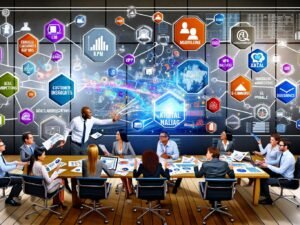 Dynamische Büroszene mit Data-Analysten und Marketern, die an großen Digital-Dashboards mit farbenfrohen Grafiken arbeiten. Im Hintergrund sind vernetzte Icons für CRM, E-Mail, Web-Analytics, E-Commerce und soziale Medien sichtbar.