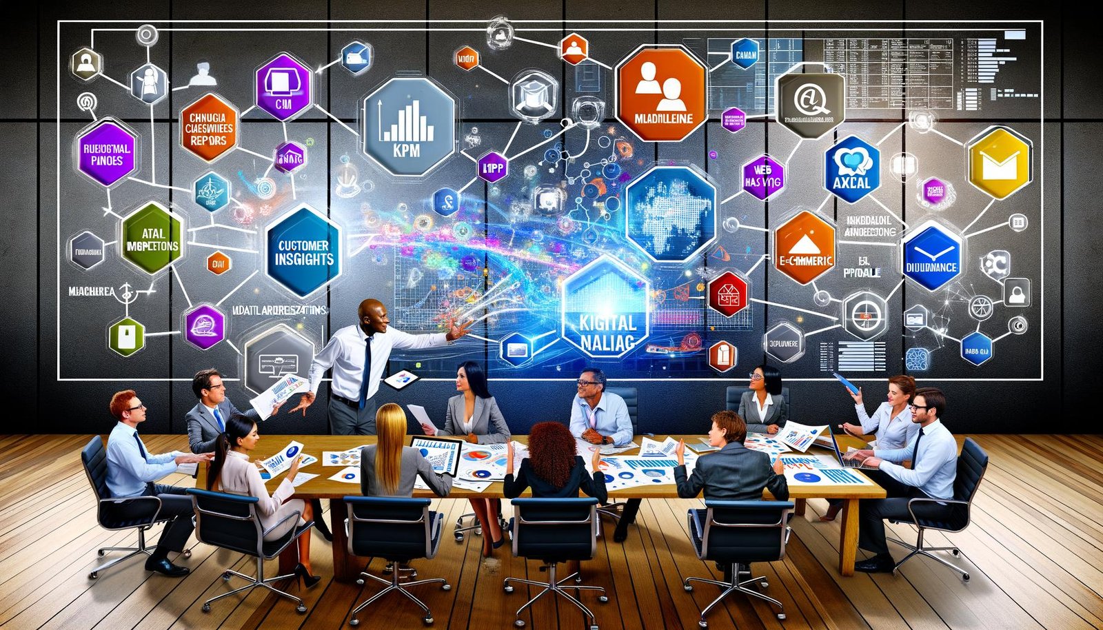 Dynamische Büroszene mit Data-Analysten und Marketern, die an großen Digital-Dashboards mit farbenfrohen Grafiken arbeiten. Im Hintergrund sind vernetzte Icons für CRM, E-Mail, Web-Analytics, E-Commerce und soziale Medien sichtbar.