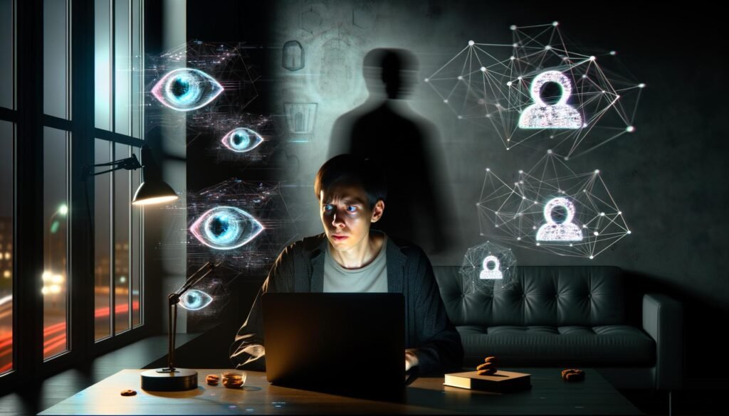 Person am Laptop an einem düsteren Schreibtisch, umgeben von Überwachungskameras, Cookies, KI-Profilen und Netzwerk-Linien, während die Schatten großer Tech-Unternehmen durch das Fenster blicken und ein digitales Rauschen von Daten im Hintergrund sichtbar ist.