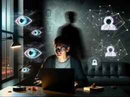 Person am Laptop an einem düsteren Schreibtisch, umgeben von Überwachungskameras, Cookies, KI-Profilen und Netzwerk-Linien, während die Schatten großer Tech-Unternehmen durch das Fenster blicken und ein digitales Rauschen von Daten im Hintergrund sichtbar ist.