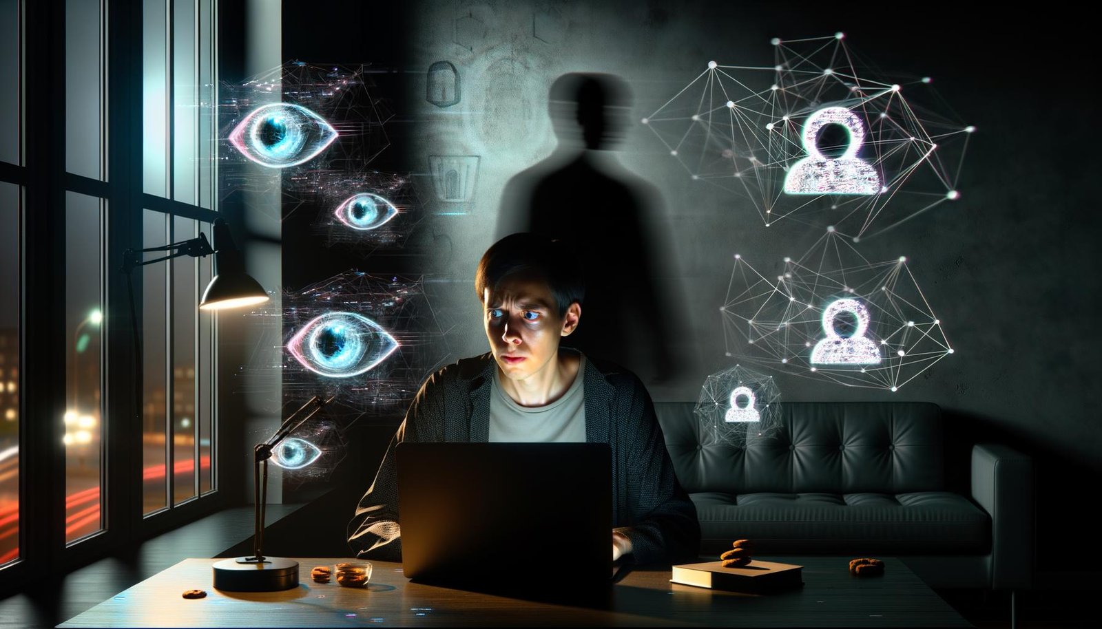 Person am Laptop an einem düsteren Schreibtisch, umgeben von Überwachungskameras, Cookies, KI-Profilen und Netzwerk-Linien, während die Schatten großer Tech-Unternehmen durch das Fenster blicken und ein digitales Rauschen von Daten im Hintergrund sichtbar ist.