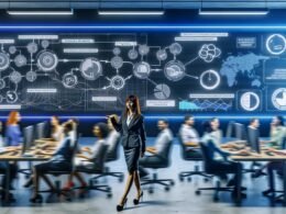 Team von Fachleuten arbeitet in Hightech-Büroumgebung an digitalen Workflow-Diagrammen und Content-Strategien mit Analytics-Tools und Kanban-Boards.