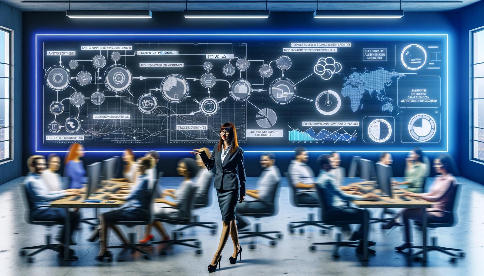 Team von Fachleuten arbeitet in Hightech-Büroumgebung an digitalen Workflow-Diagrammen und Content-Strategien mit Analytics-Tools und Kanban-Boards.