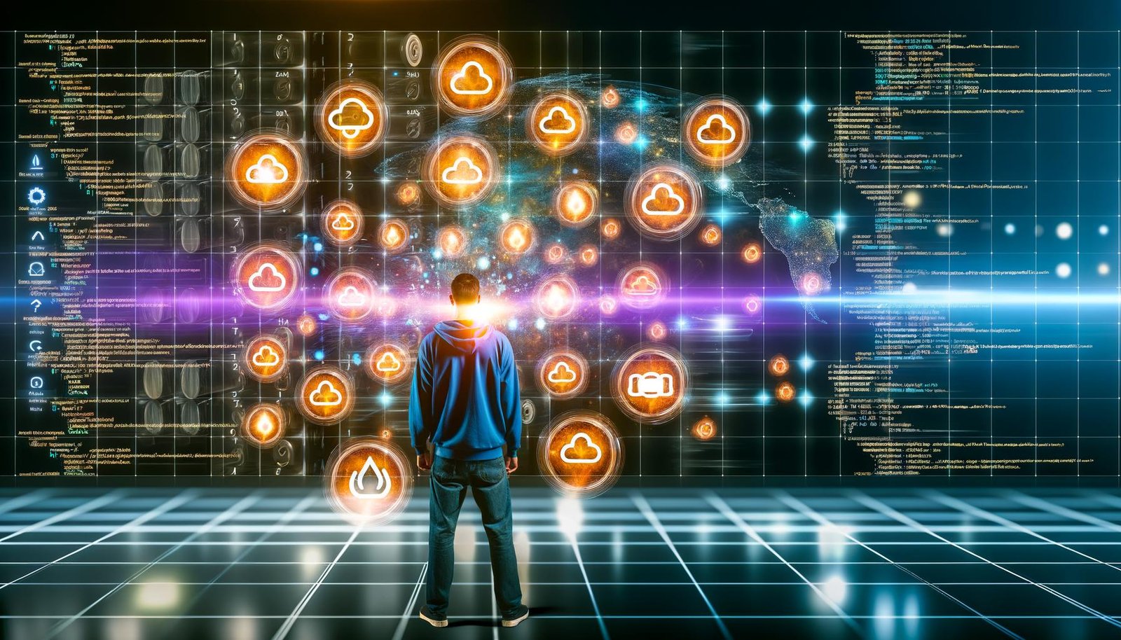 Entwickler vor Hologramm-Dashboard mit leuchtenden Cloud-Icons, Code im unscharfen Hintergrund, futuristische und dynamische Atmosphäre