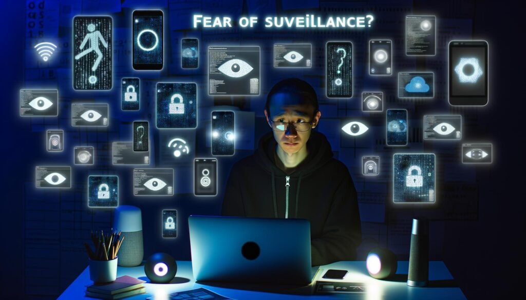 Nachdenkliche Person am Schreibtisch bei Nacht, umgeben von Laptop, Smartphone, Tablet und Smart Speaker mit leuchtenden Bildschirmen, Metadaten und blinkenden App-Symbolen. Im Hintergrund digitale Symbole für Kamera, Mikrofon und Datenströme.