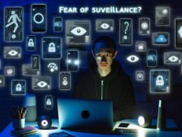 Nachdenkliche Person am Schreibtisch bei Nacht, umgeben von Laptop, Smartphone, Tablet und Smart Speaker mit leuchtenden Bildschirmen, Metadaten und blinkenden App-Symbolen. Im Hintergrund digitale Symbole für Kamera, Mikrofon und Datenströme.