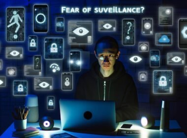 Nachdenkliche Person am Schreibtisch bei Nacht, umgeben von Laptop, Smartphone, Tablet und Smart Speaker mit leuchtenden Bildschirmen, Metadaten und blinkenden App-Symbolen. Im Hintergrund digitale Symbole für Kamera, Mikrofon und Datenströme.