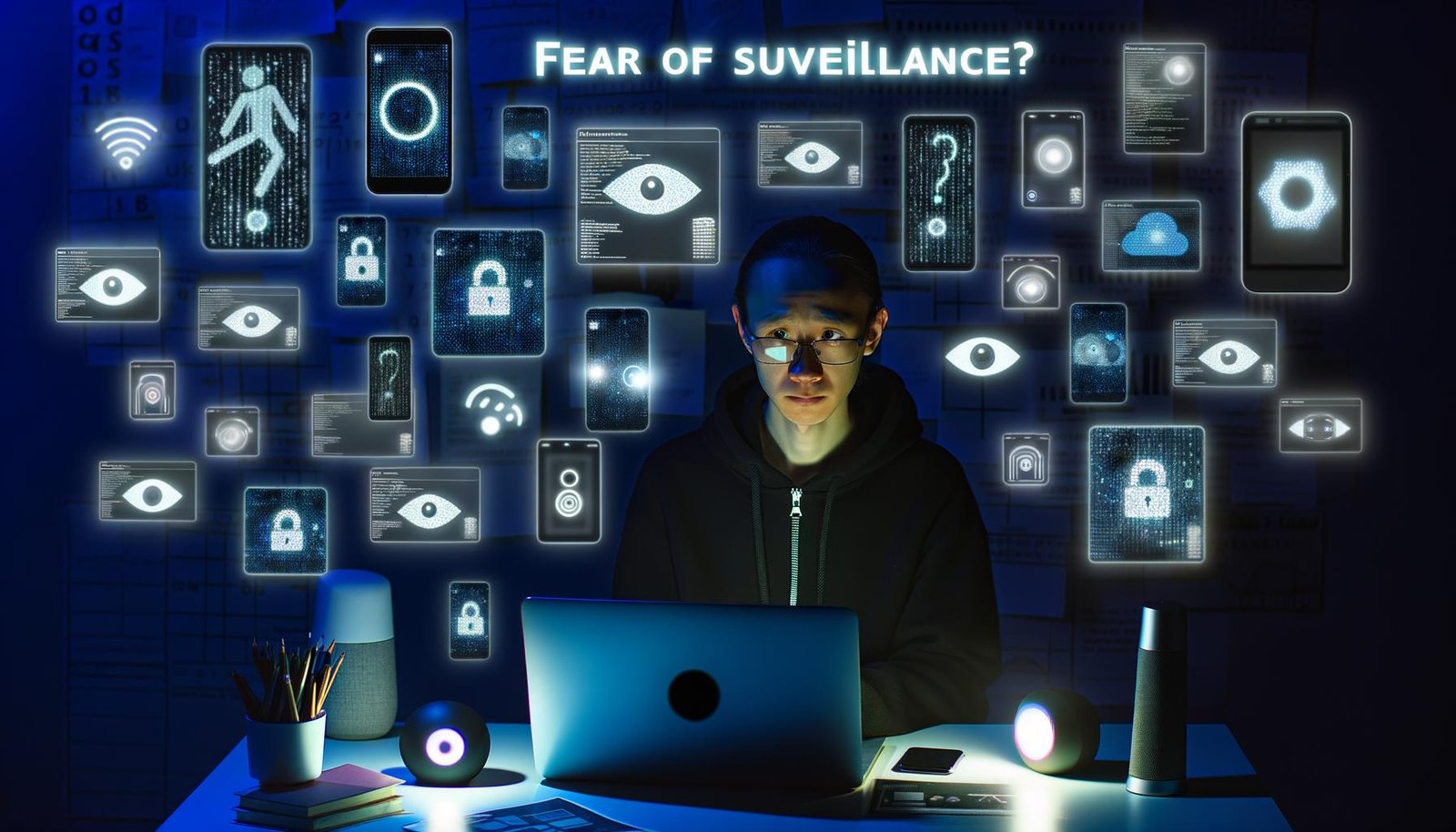 Nachdenkliche Person am Schreibtisch bei Nacht, umgeben von Laptop, Smartphone, Tablet und Smart Speaker mit leuchtenden Bildschirmen, Metadaten und blinkenden App-Symbolen. Im Hintergrund digitale Symbole für Kamera, Mikrofon und Datenströme.