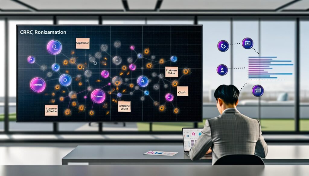 Modernes Büro mit Marketer, der CRM-Daten am Laptop analysiert. Große Datenvisualisierungen inklusive Diagrammen, Heatmaps und Netzwerk-Cluster auf dem Bildschirm sowie Post-its mit Fachbegriffen. Im Hintergrund digitale Verbindungen und Icons für Automatisierung, KI und Cloud.